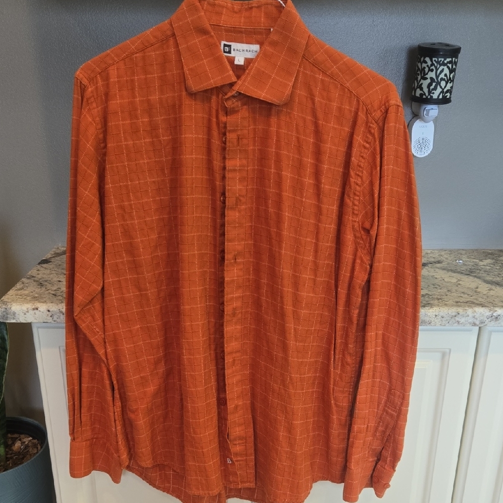 Bachrach Men's Rust Orange Windowpane Button-Down Shirt Large 100% Cotton